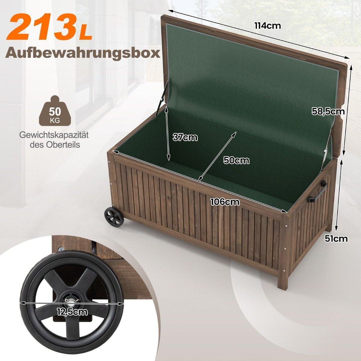 B2X Gartenbox Holz 213 L Aufbewahrungsbox mit Rädern Kissenbox mit wasserdichter PE-Auskleidung 114 x 58,5 x 51 cm Braun  
