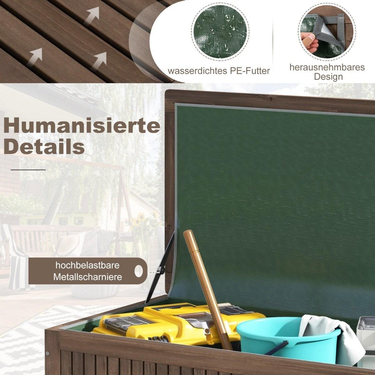 B2X Gartenbox Holz 213 L Aufbewahrungsbox mit Rädern Kissenbox mit wasserdichter PE-Auskleidung 114 x 58,5 x 51 cm Braun  