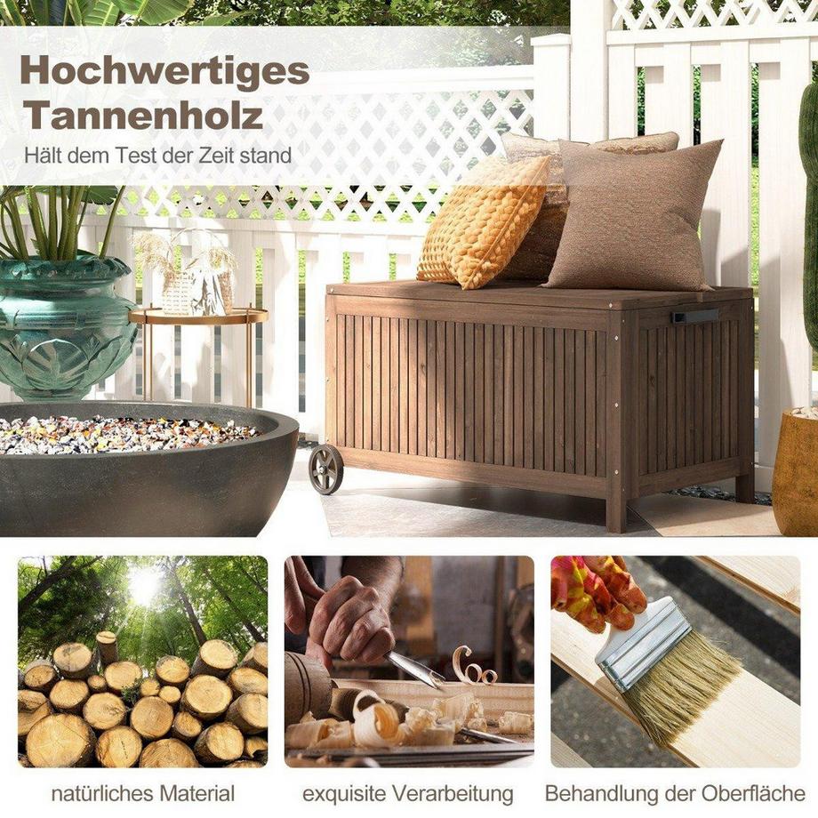 B2X Coffre de Jardin en Bois 213 L Coffre de Rangement à Roulettes Coffre à Coussins avec Doublure PE imperméable 114 x 58,5 x 51 cm Marron  