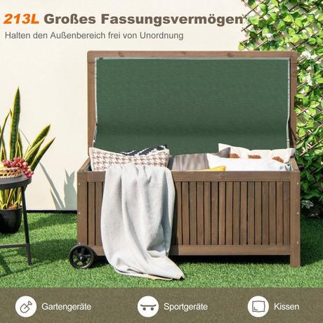 B2X Gartenbox Holz 213 L Aufbewahrungsbox mit Rädern Kissenbox mit wasserdichter PE-Auskleidung 114 x 58,5 x 51 cm Braun  