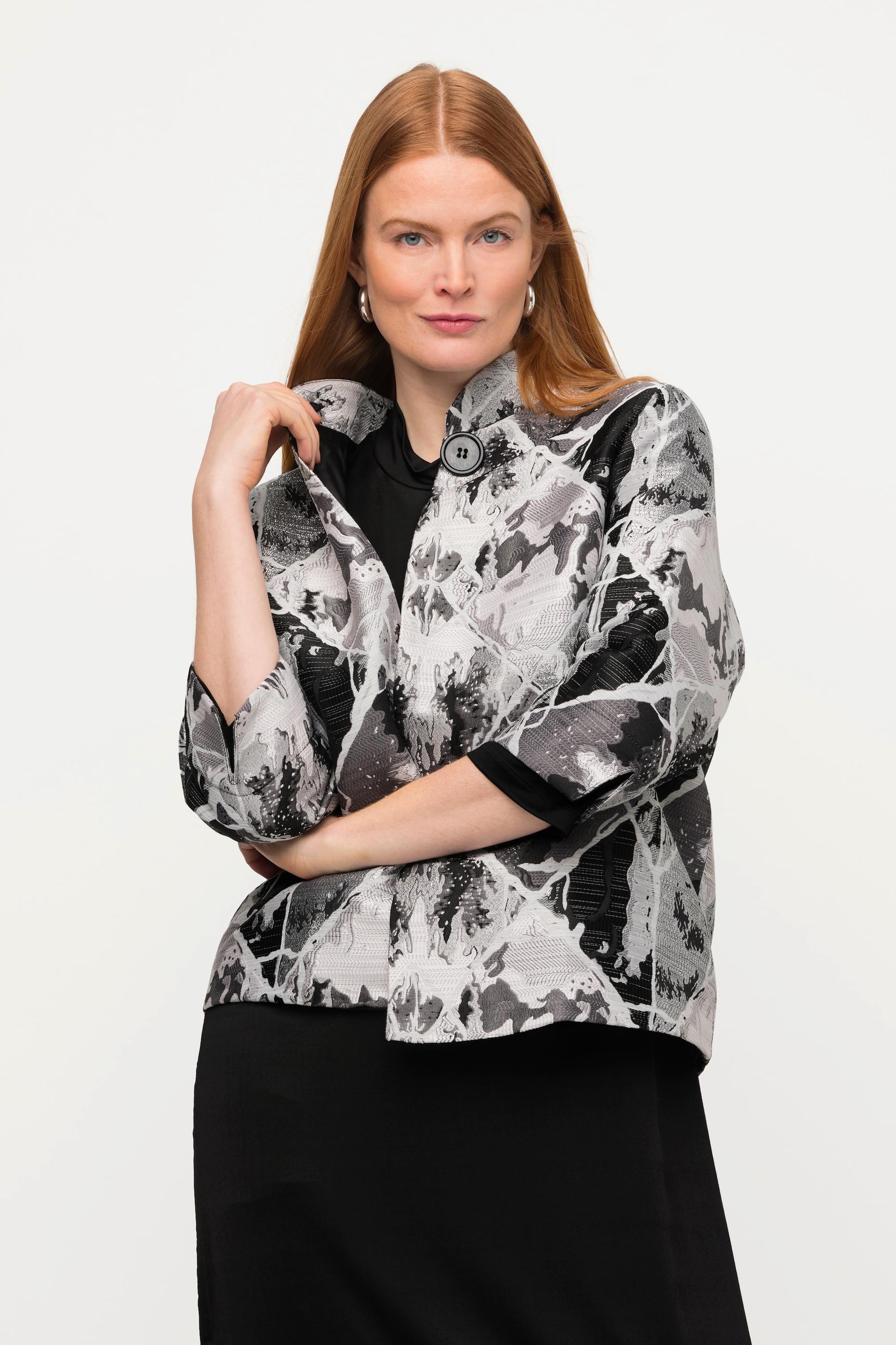 Ulla Popken  Blazer, Jacquard-Karo-Design, Stehkragen, 3/4-Tulpenarm 