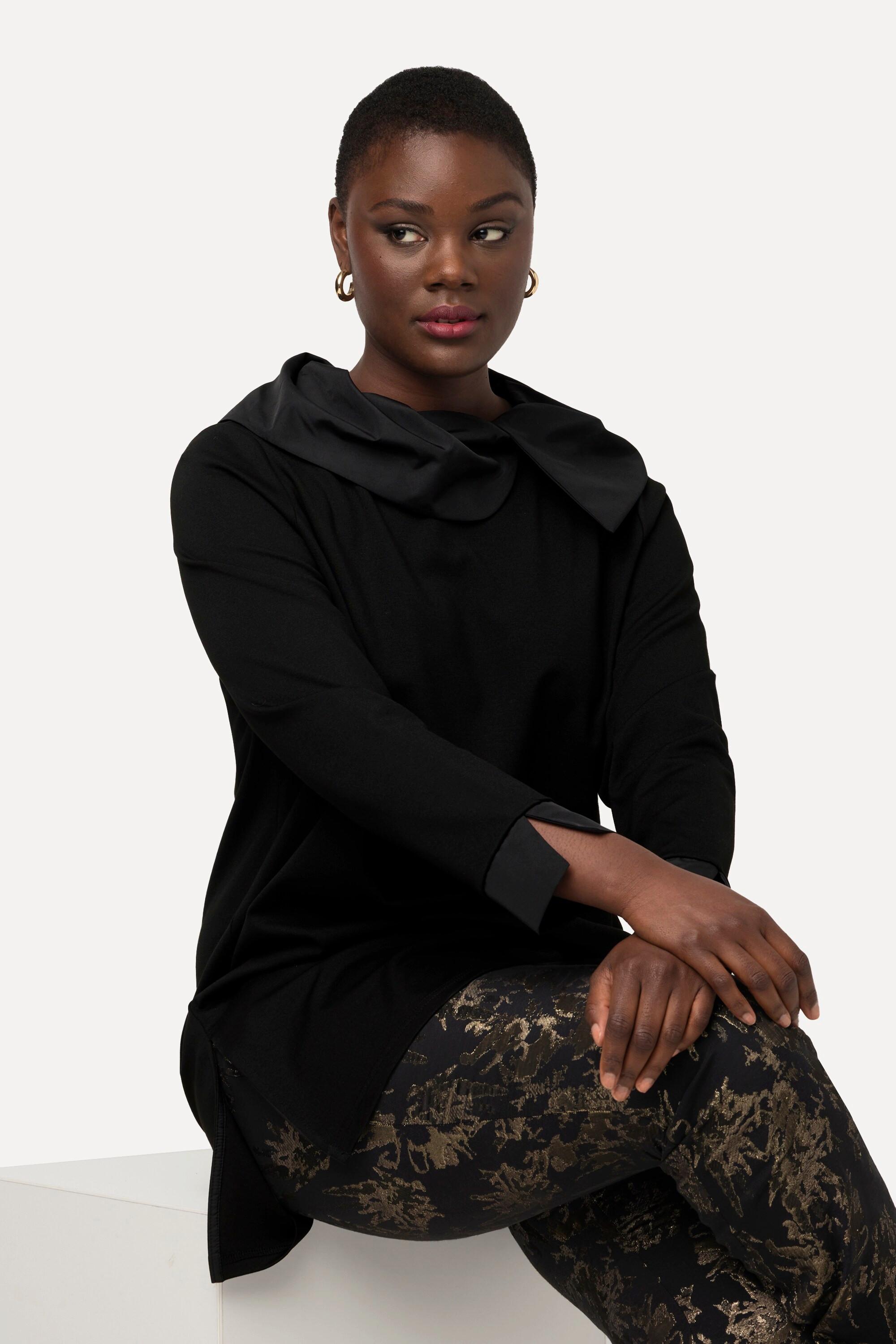 Ulla Popken Sweat-shirt Col Drapé en Taffetas Punto di Roma Manches Longues  