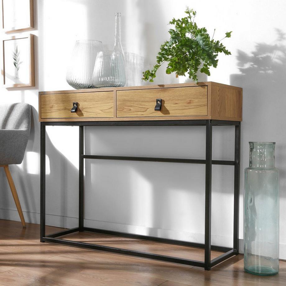 Calicosy Console 2 Tiroirs Pieds Métal Effet Chêne - JILL  