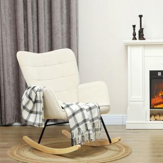 Northio Fauteuil à bascule, fauteuil à bascule aspect velours, accoudoir, fauteuil avec patins en bois, chaise de relaxation pour salon, chambre à coucher, beige  