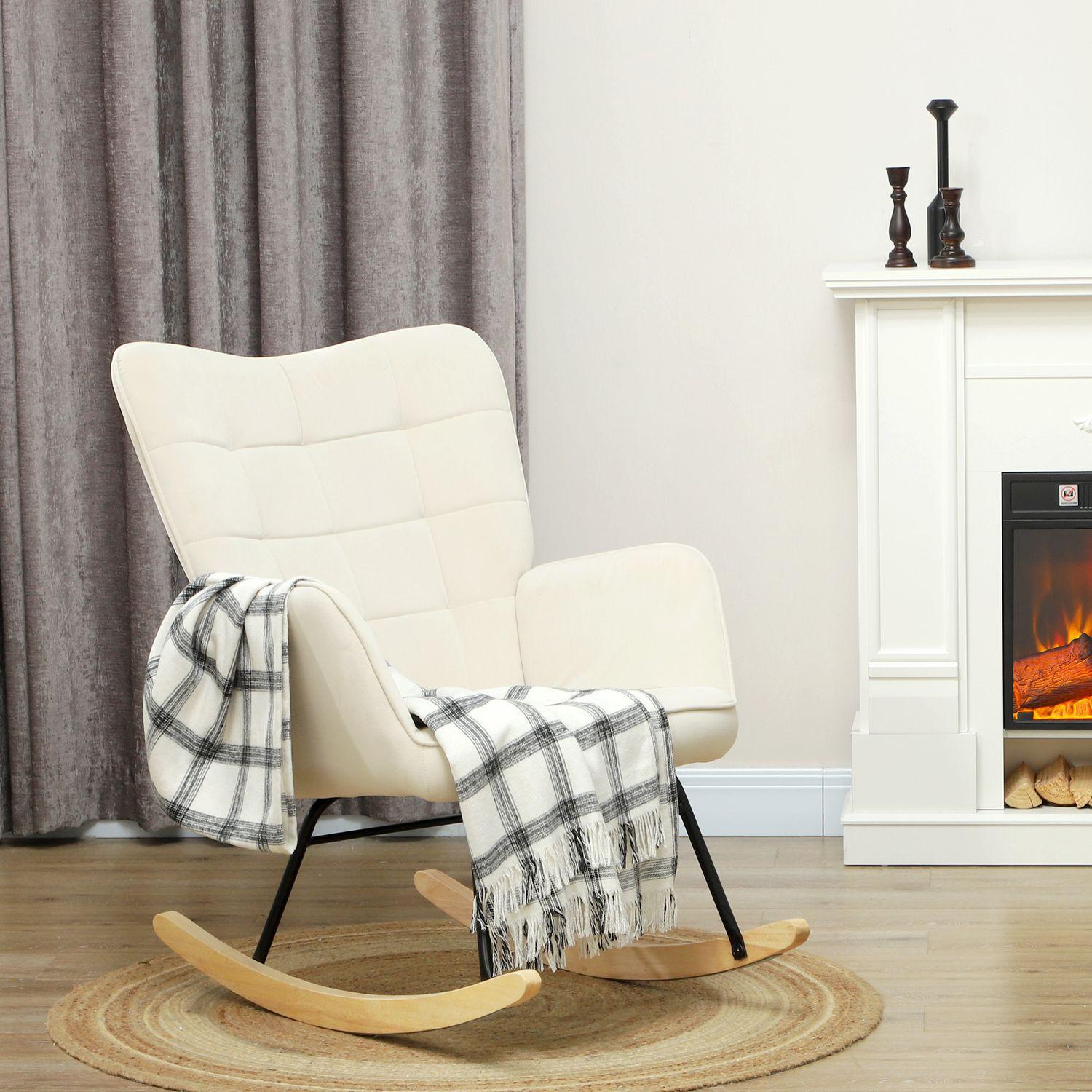 Northio Fauteuil à bascule, fauteuil à bascule aspect velours, accoudoir, fauteuil avec patins en bois, chaise de relaxation pour salon, chambre à coucher, beige  