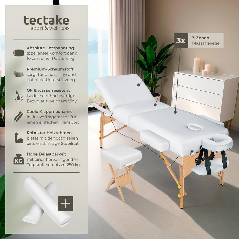 Tectake 3 Zonen Massageliege-Set mit 10cm Polsterung, Lagerungsrollen und Holzgestell  