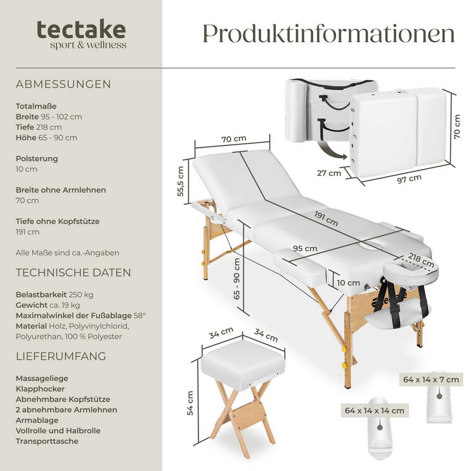 Tectake 3 Zonen Massageliege-Set mit 10cm Polsterung, Lagerungsrollen und Holzgestell  