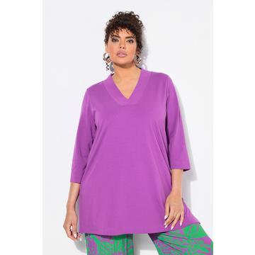 T-shirt long à coupe évasée, col en V et manches 3/4