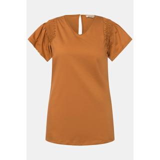 Ulla Popken  T-shirt à ligne en A en coton bio avec col en V et manches courtes 