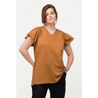 Ulla Popken  T-shirt à ligne en A en coton bio avec col en V et manches courtes 