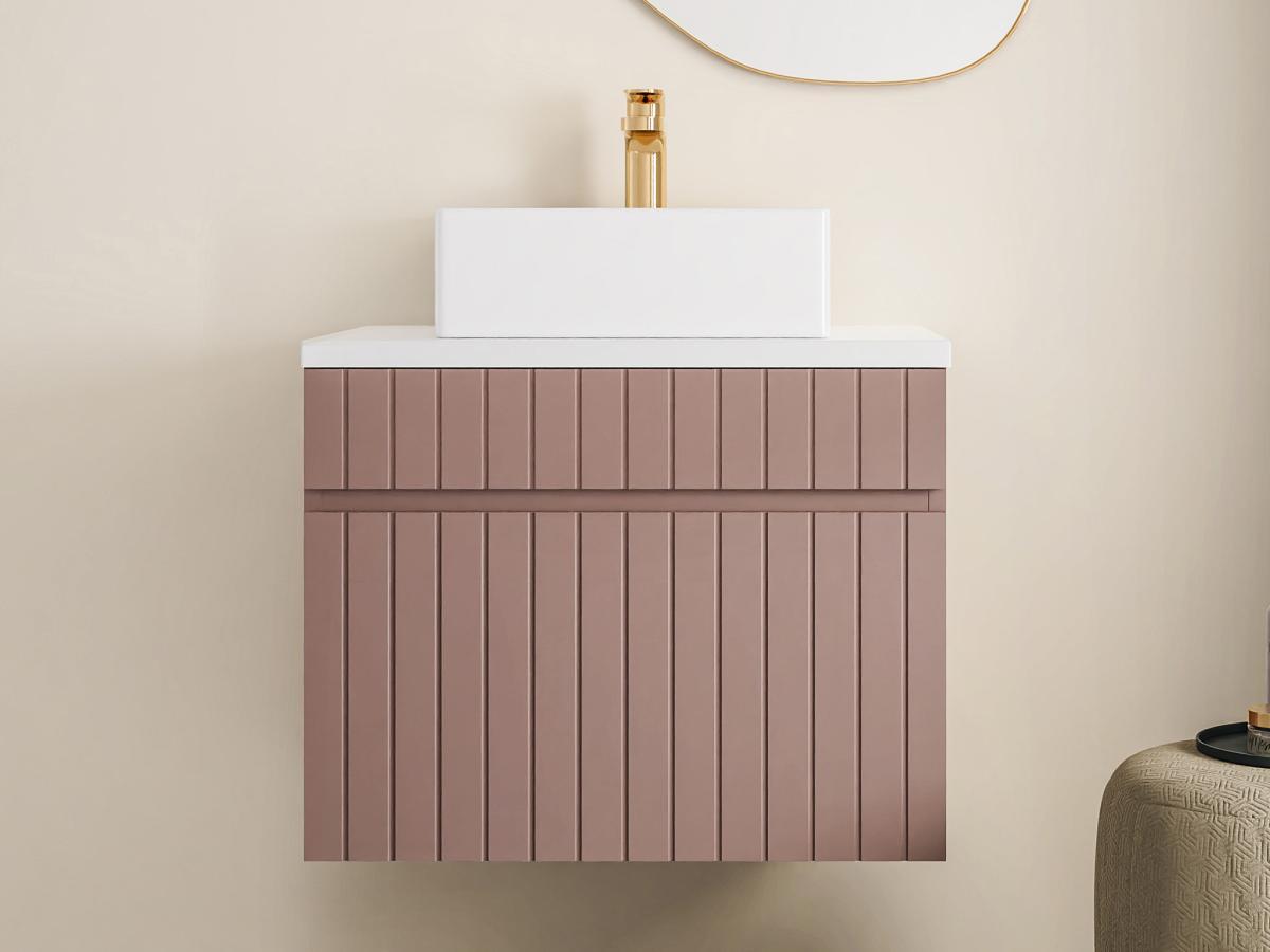 Vente-unique Mobile per bagno sospeso scanalato con lavabo da appoggio 60 cm Rosa - SATARA  