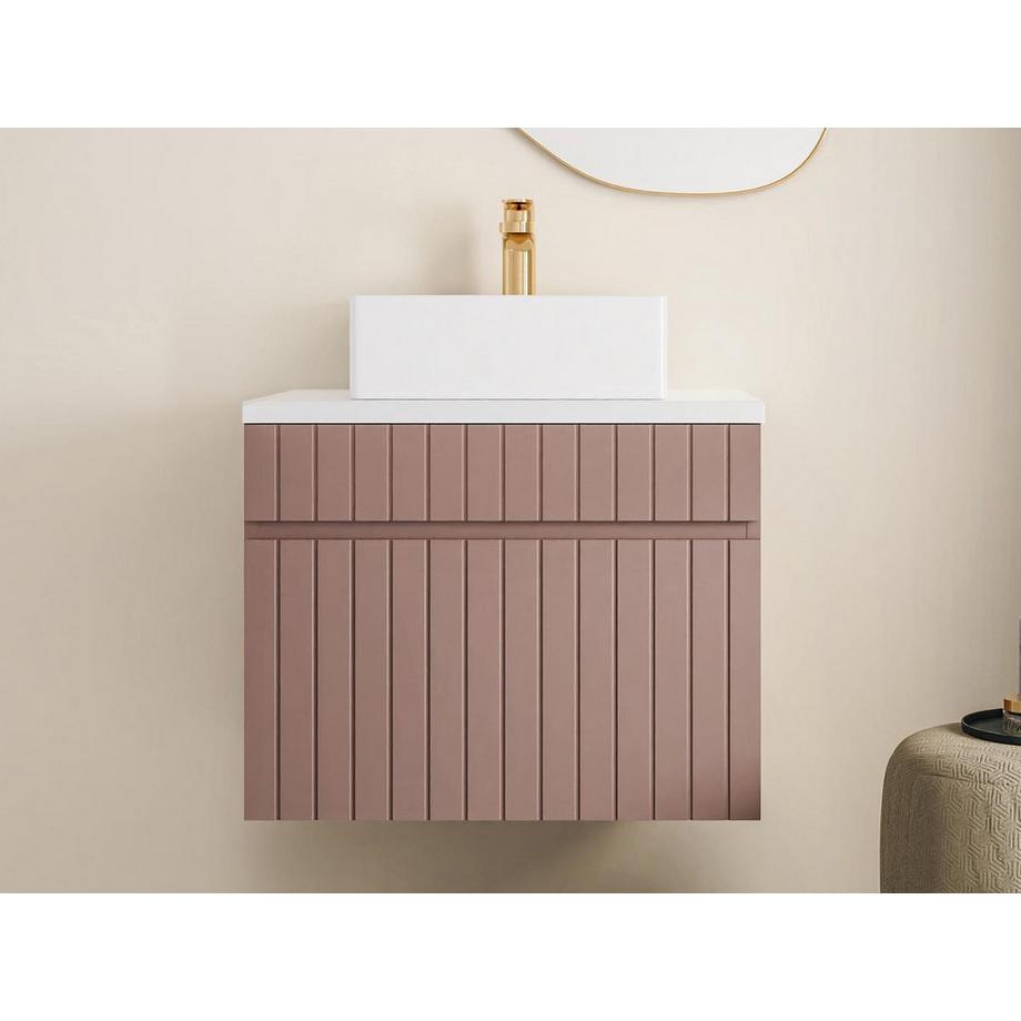 Vente-unique Meuble de salle de bain suspendu strié rose avec vasque à poser - 60 cm  - SATARA  