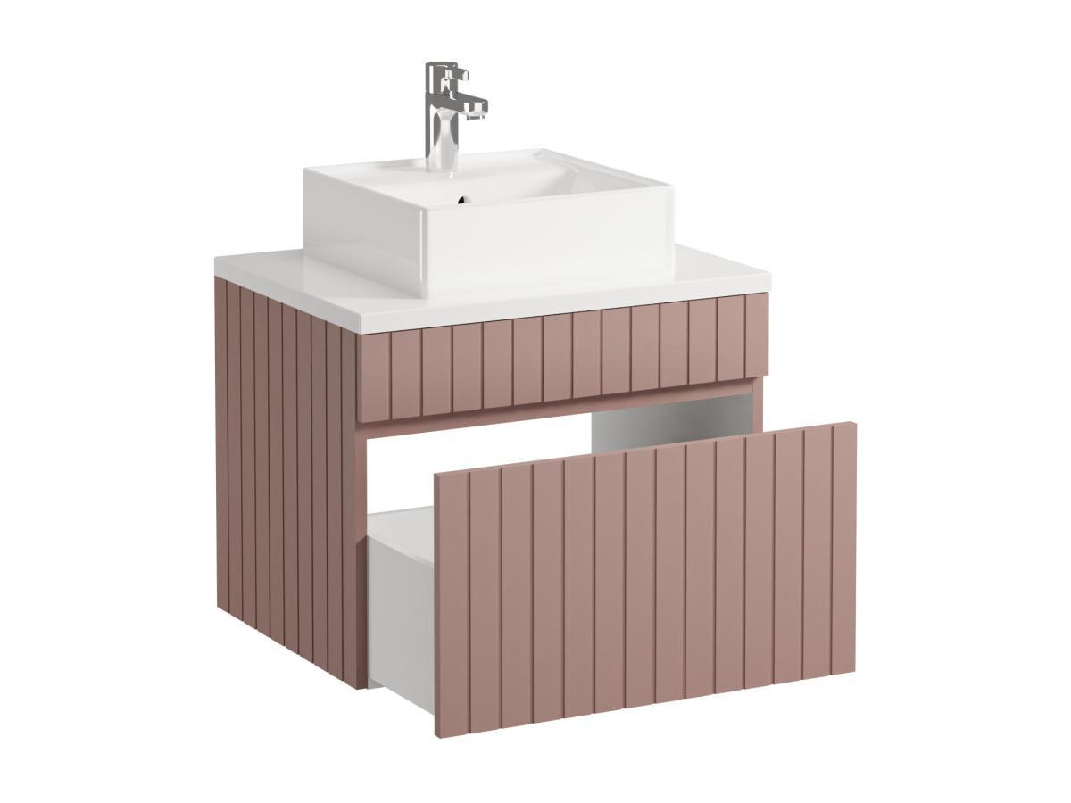 Vente-unique Mobile per bagno sospeso scanalato con lavabo da appoggio 60 cm Rosa - SATARA  