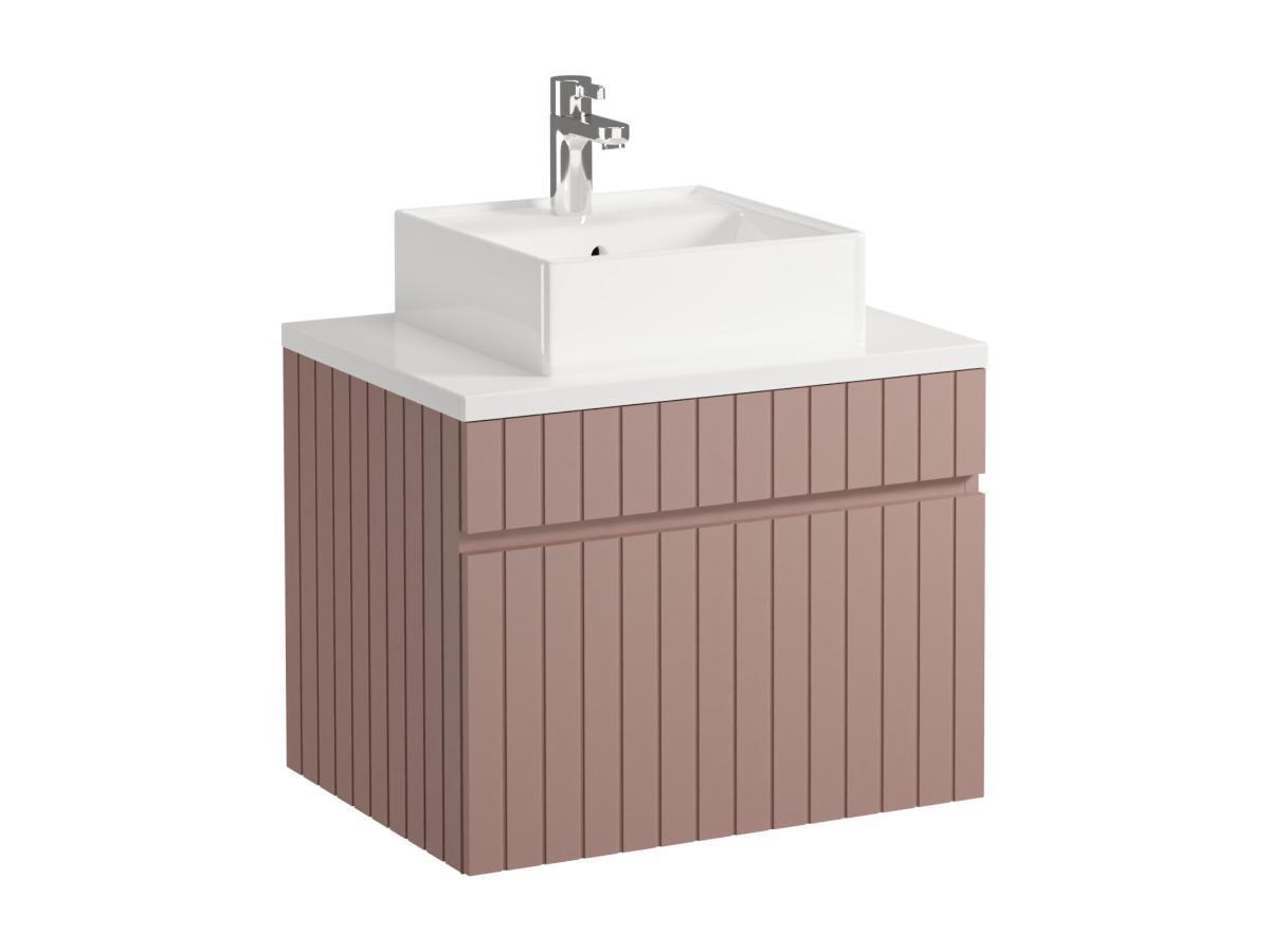 Vente-unique Mobile per bagno sospeso scanalato con lavabo da appoggio 60 cm Rosa - SATARA  