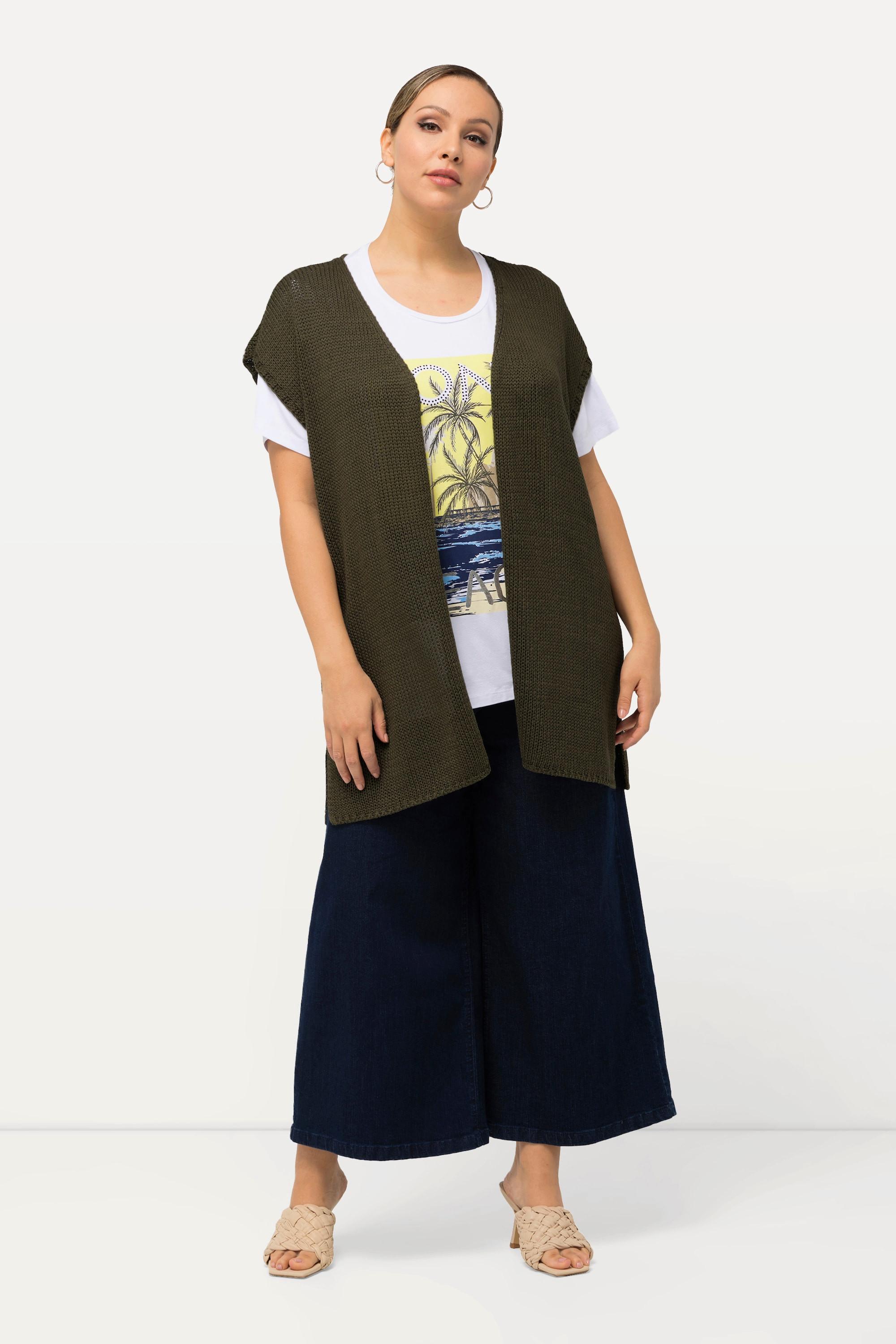 Ulla Popken Gilet en maille oversized sans manches ouvert motif palmiers  