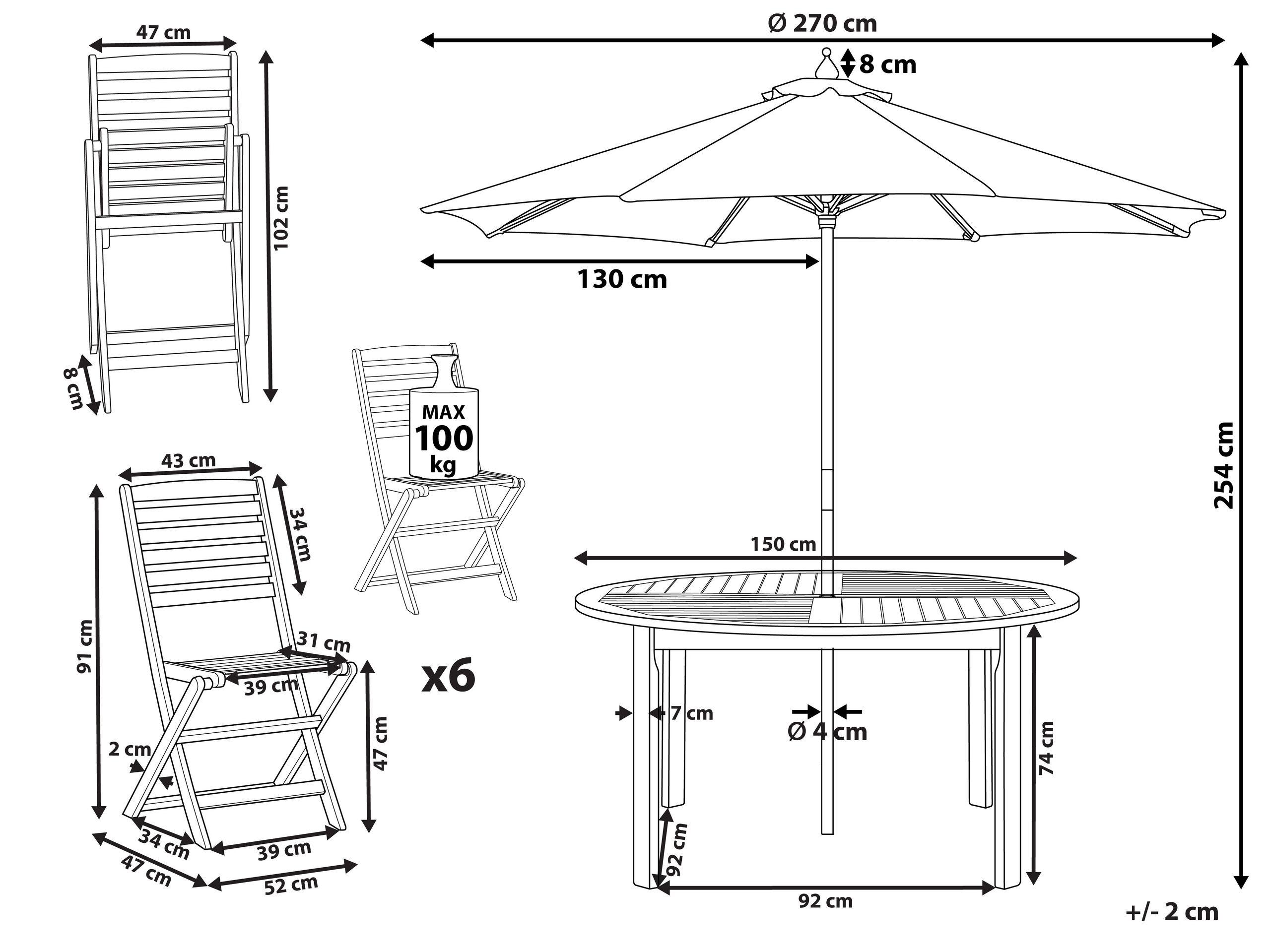 Beliani Table avec chaises et parasol en Acacia Traditionnel TOLVE  