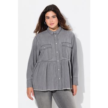 Blusa di jeans dal taglio svasato con volant, collo da camicia, maniche lunghe e orlo sfrangiato