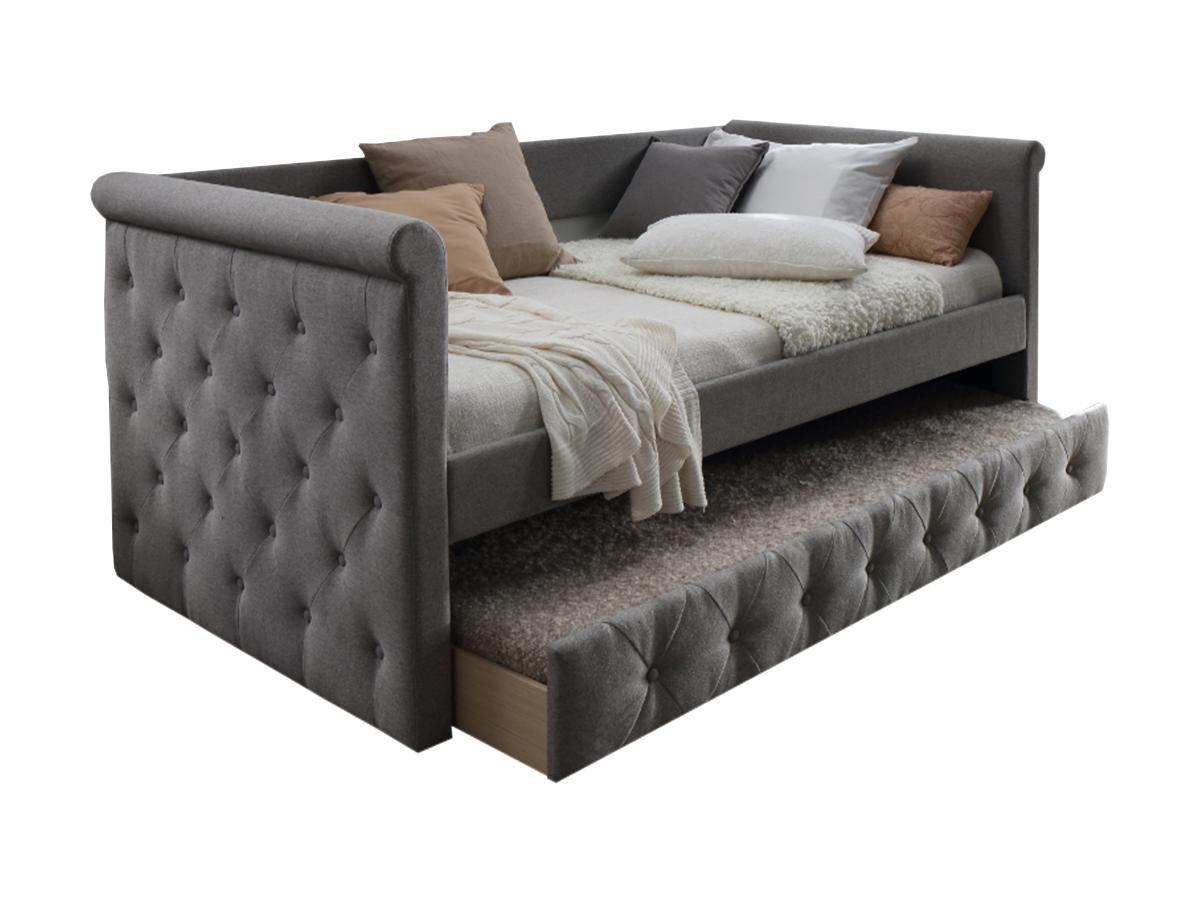 Vente-unique Lit banquette gigogne capitonné LOUISE 2x tissu  