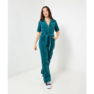 Cord-Jumpsuit mit Reißverschluss und Gürtel, Bootcut