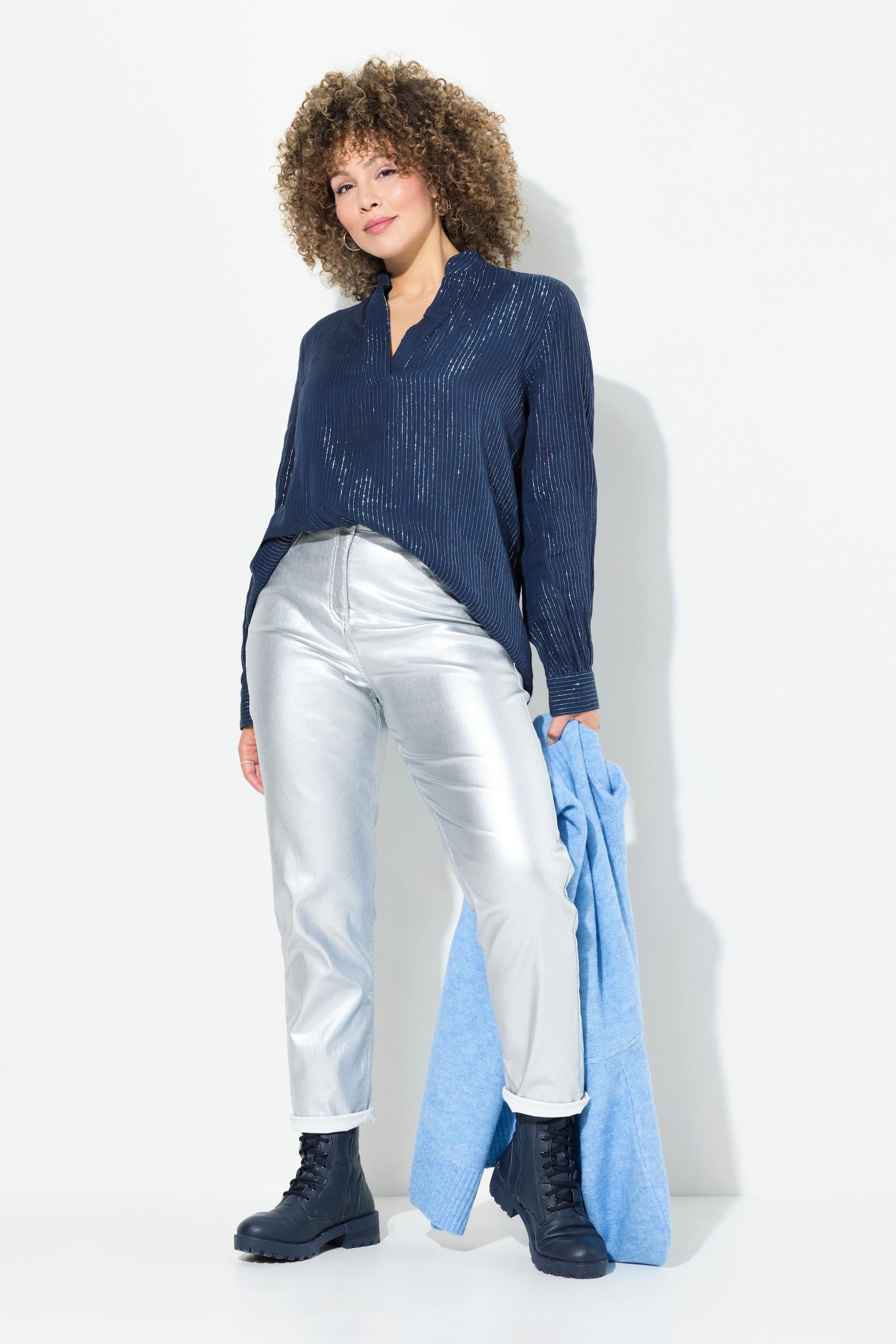 Ulla Popken  Mom jeans con rivestimento color argento, cintura comoda e cinque tasche 