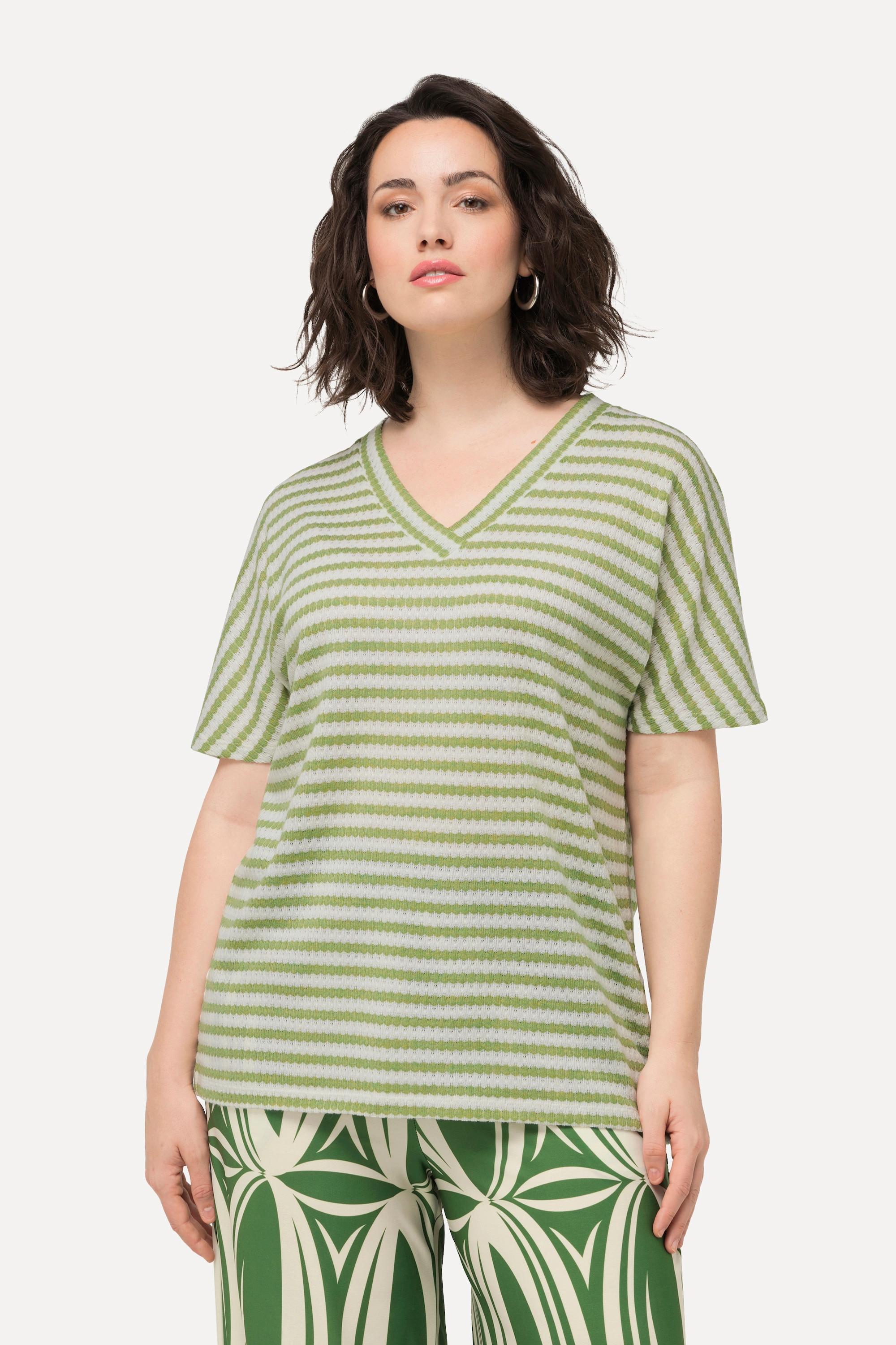 Ulla Popken Sweat-shirt bicolore oversized col V manches courtes  