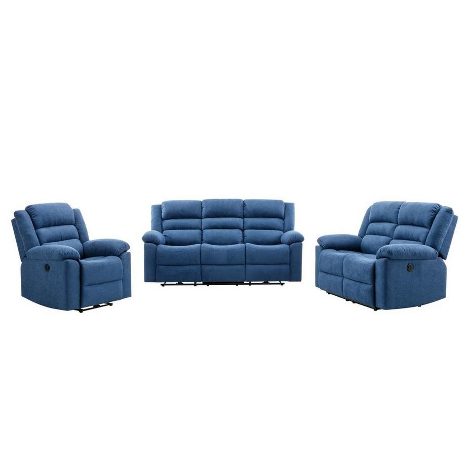 Vente-unique Canapé 3 places, 2 places et fauteuil relax électrique en tissu bleu BUROLO  