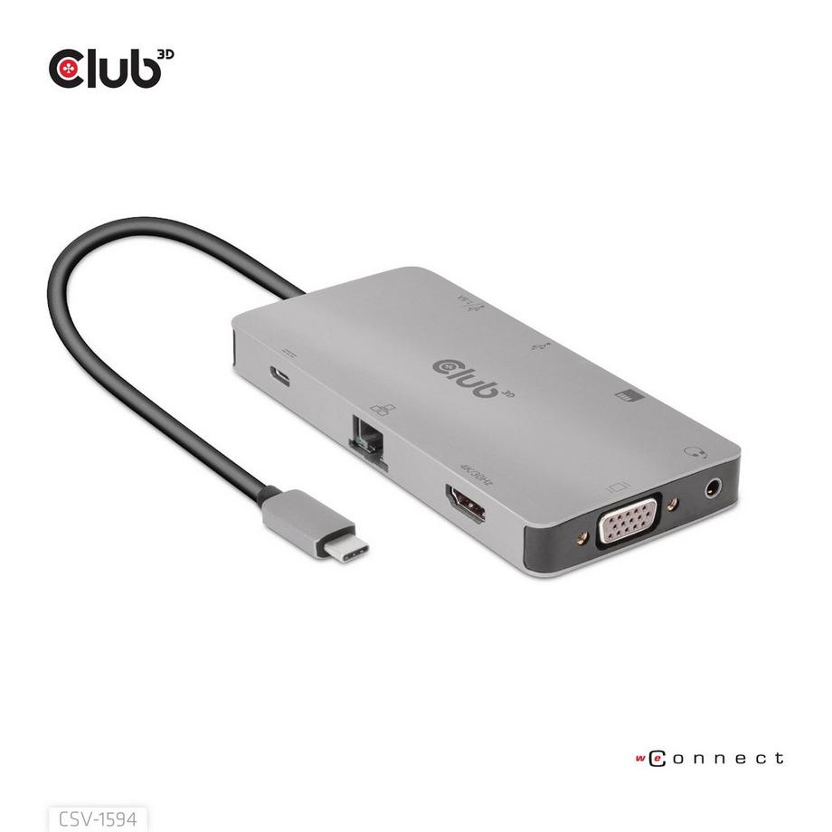 Club3D  USB Gen1 Type-C 9-in-1 hub with HDMI, VGA, 2x USB Gen1 Type-A, RJ45, SD/Micro SD card slots and USB Gen1 Type-C Female port 