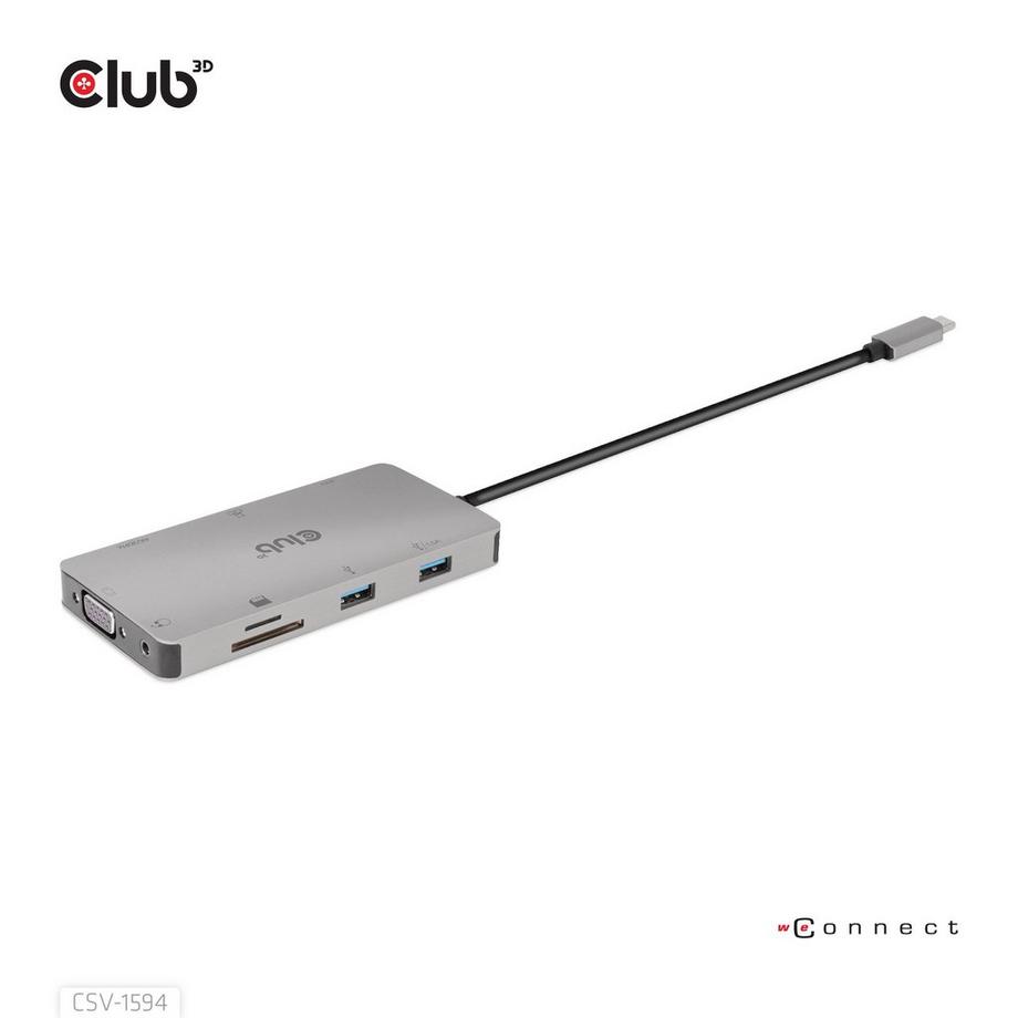 Club3D  USB Gen1 Type-C 9-in-1 hub with HDMI, VGA, 2x USB Gen1 Type-A, RJ45, SD/Micro SD card slots and USB Gen1 Type-C Female port 
