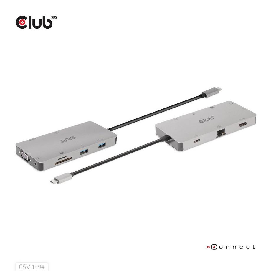 Club3D  USB Gen1 Type-C 9-in-1 hub with HDMI, VGA, 2x USB Gen1 Type-A, RJ45, SD/Micro SD card slots and USB Gen1 Type-C Female port 