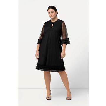 Robe en tulle à col rond et manches 3/4, ligne A et ruchés