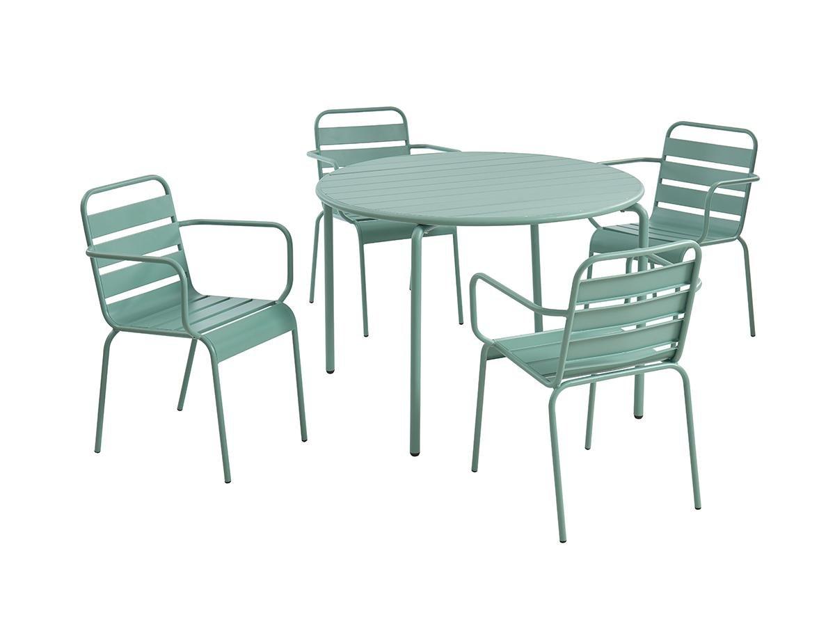 Vente-unique Salle à manger de jardin en métal - une table D.110cm et 4 fauteuils empilables - Vert amande - MIRMANDE de MYLIA  