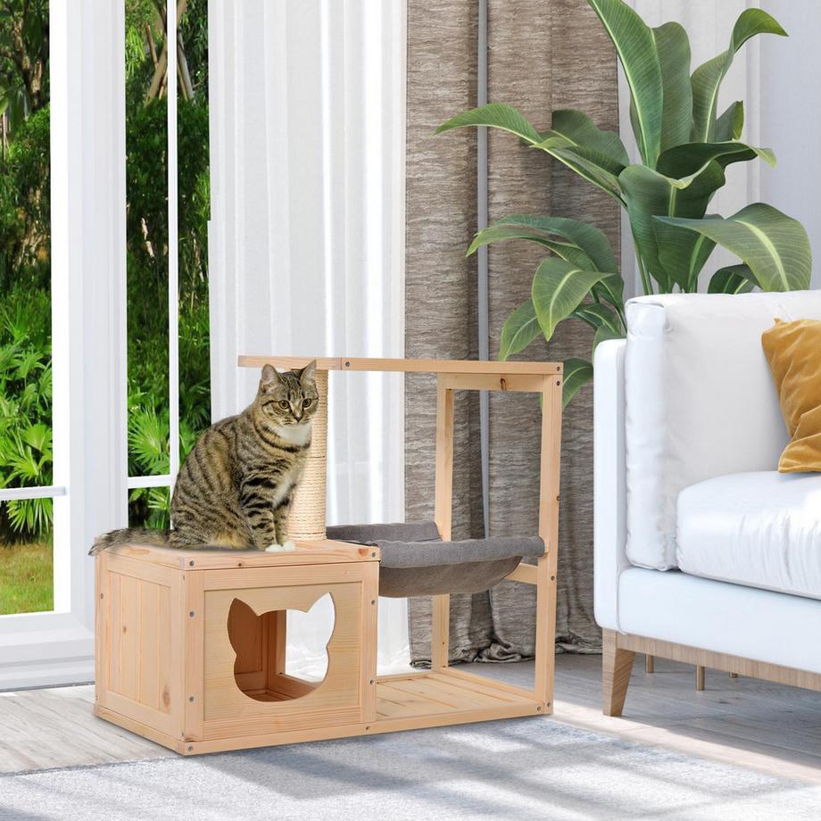 Northio  Maison Pour Chat Avec Hamac Boîte Pour Chat Avec Tronc En Sisal, Bois De Sapin, Naturel, 70X35X60Cm 