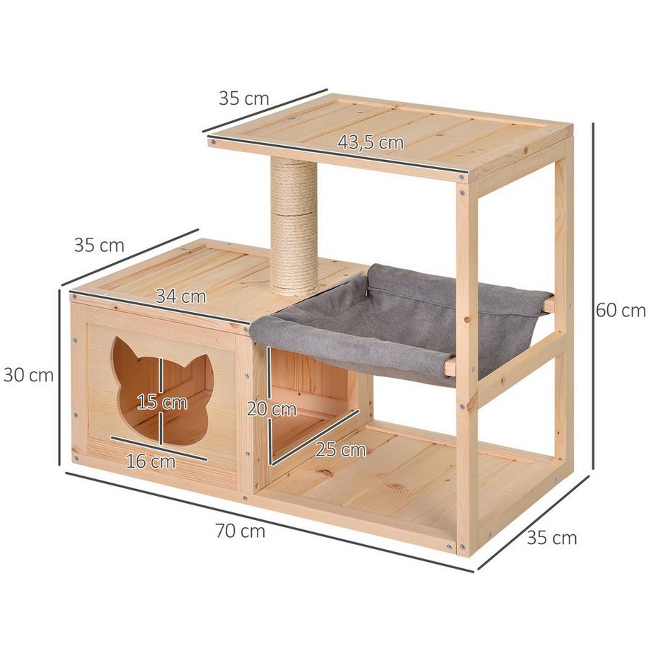 Northio  Maison Pour Chat Avec Hamac Boîte Pour Chat Avec Tronc En Sisal, Bois De Sapin, Naturel, 70X35X60Cm 