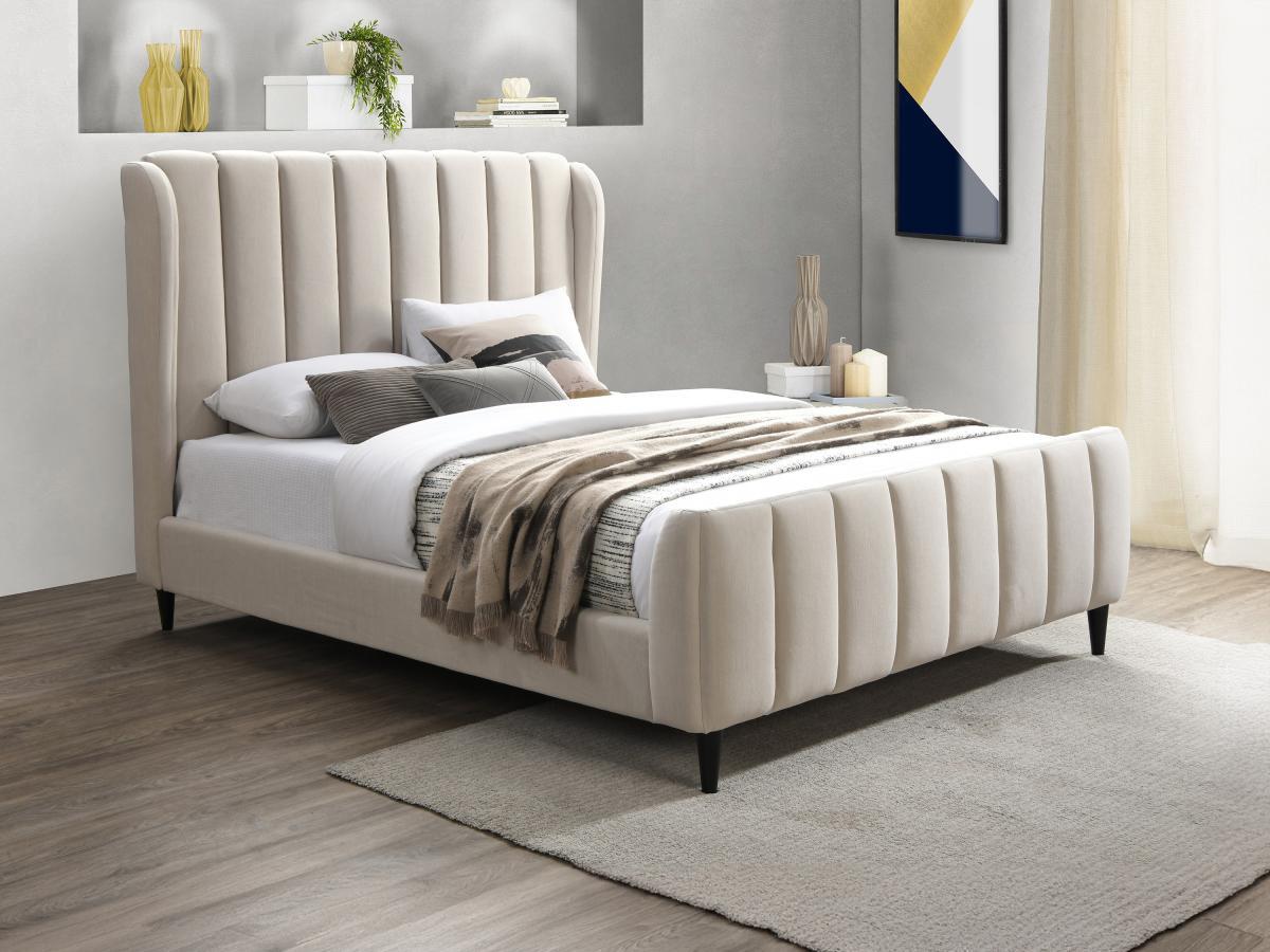 Vente-unique Bett - 160 x 200 cm - Stoff mit vertikalen Ziernähten - Beige - CASAGOTI  