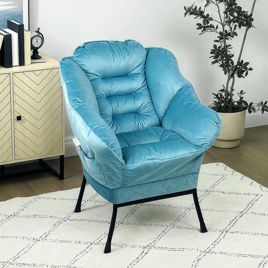 Northio Sessel Wohnzimmer Loungesessel Gepolstert Relaxsessel mit Seitentasche, Stahlbeine Polstersessel mit Samtoptik, Einzelsessel für Schlafzimmer, Blau Aosom  