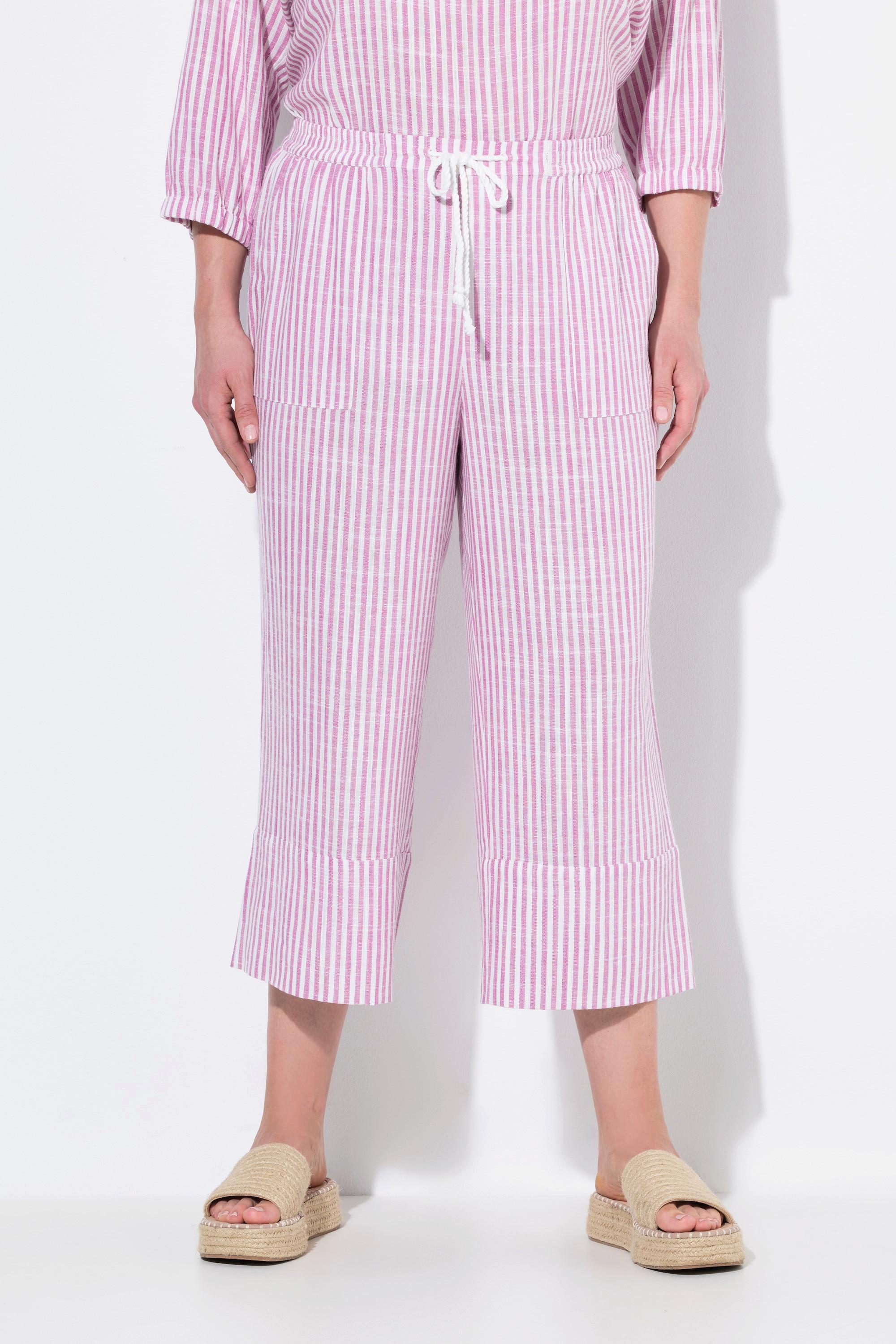 Ulla Popken Rose Culottes Misto Lino Righe Gamba Ampia Cintura Elastica  