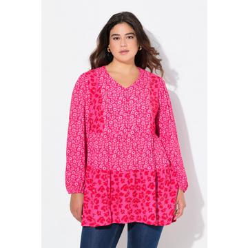 Blusa dal taglio lungo e svasato con fiori, scollo a V e maniche lunghe a palloncino