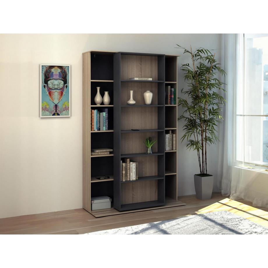 Vente-unique Bibliothèque coulissante avec 18 niches - Naturel et anthracite - PRALI  