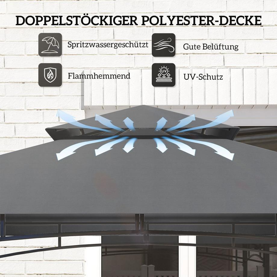 Northio Gazebo per barbecue con LED 243 x 148 x 248 cm padiglione da giardino ignifugo impermeabile con doppio tetto, ripiani laterali, gazebo con protezione UV, padiglione per barbecue in metallo, tenda per barbecue per feste grigio  
