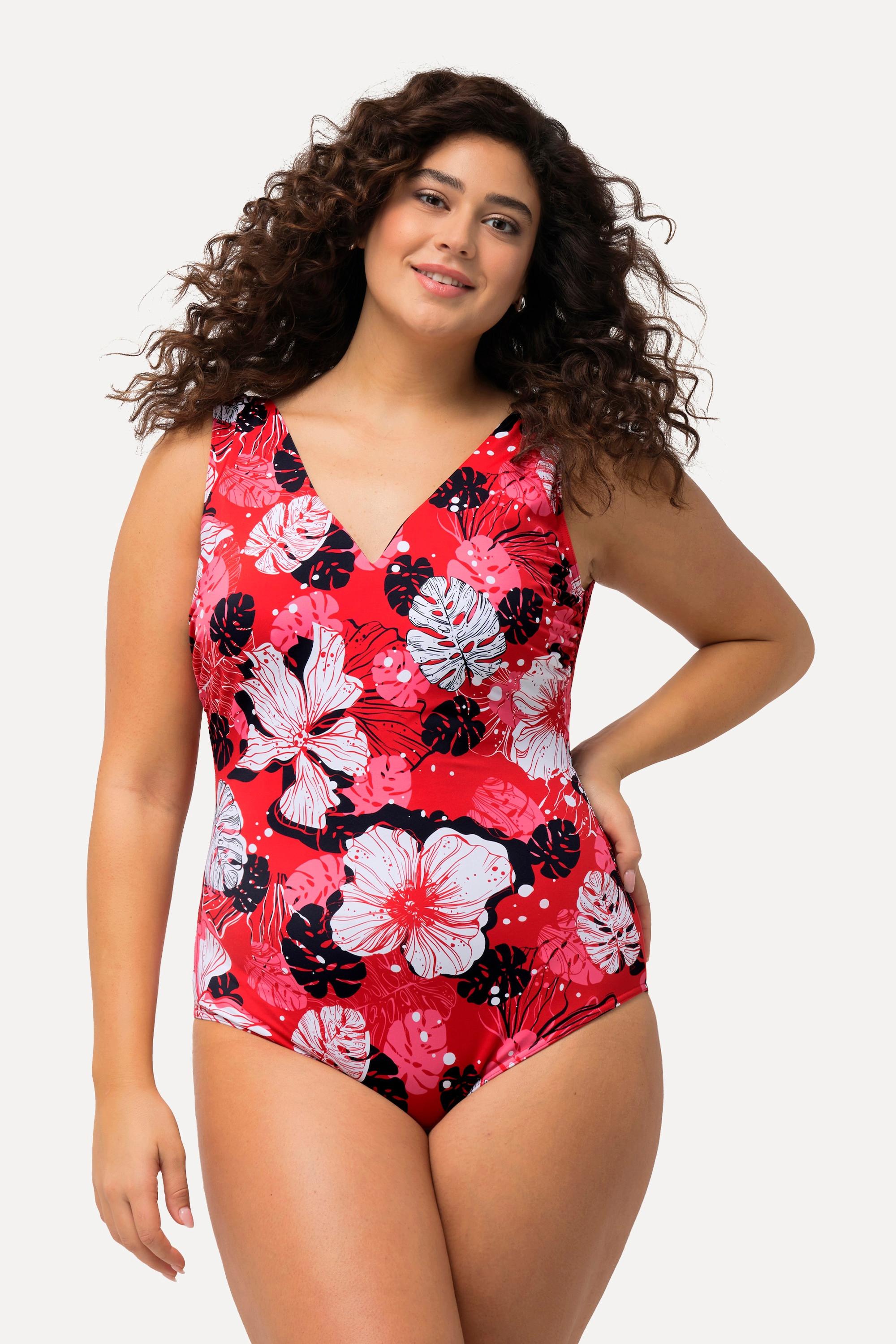 Ulla Popken Maillot de bain fleurs hawaïennes bonnets souples décolleté en V  