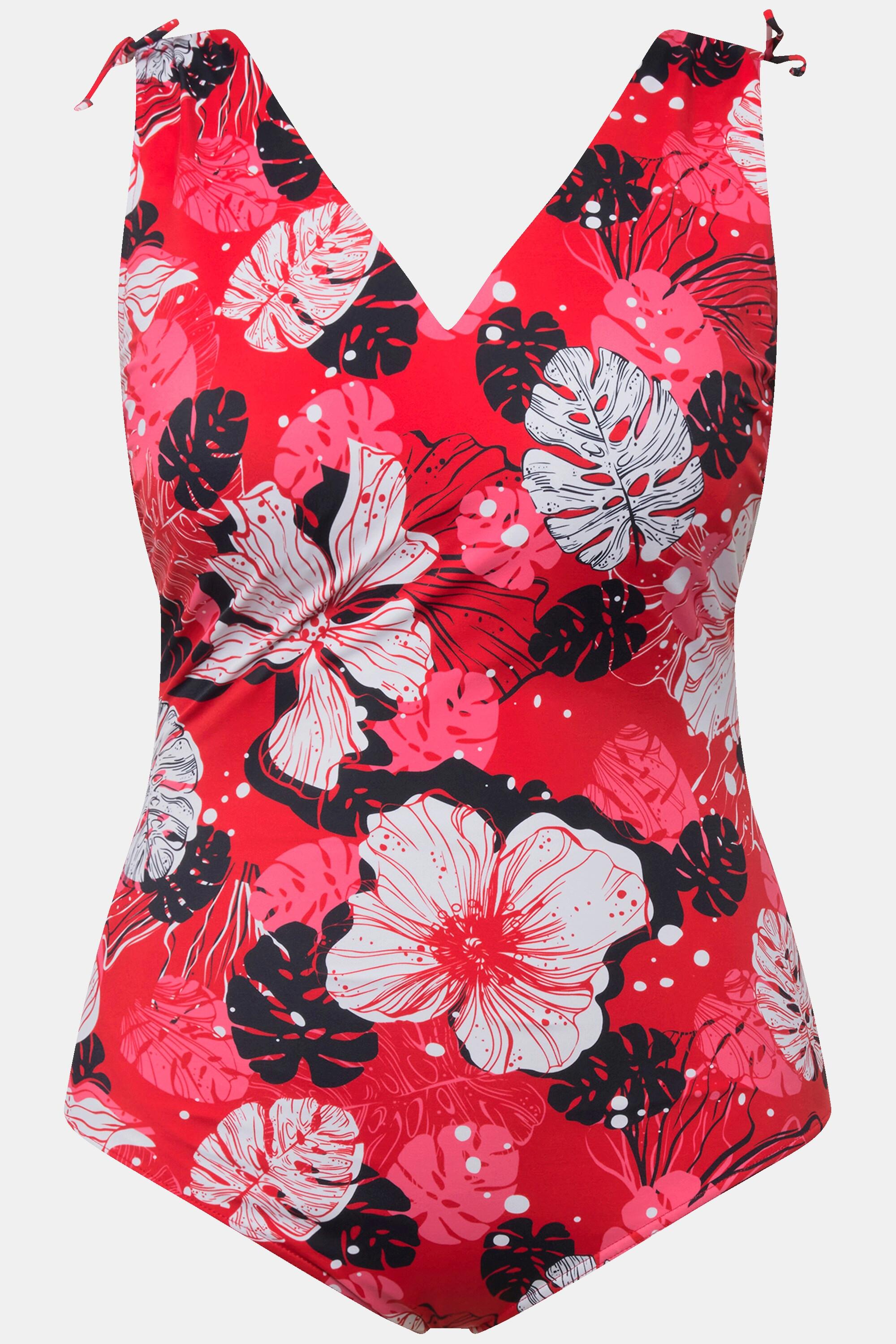 Ulla Popken Maillot de bain fleurs hawaïennes bonnets souples décolleté en V  