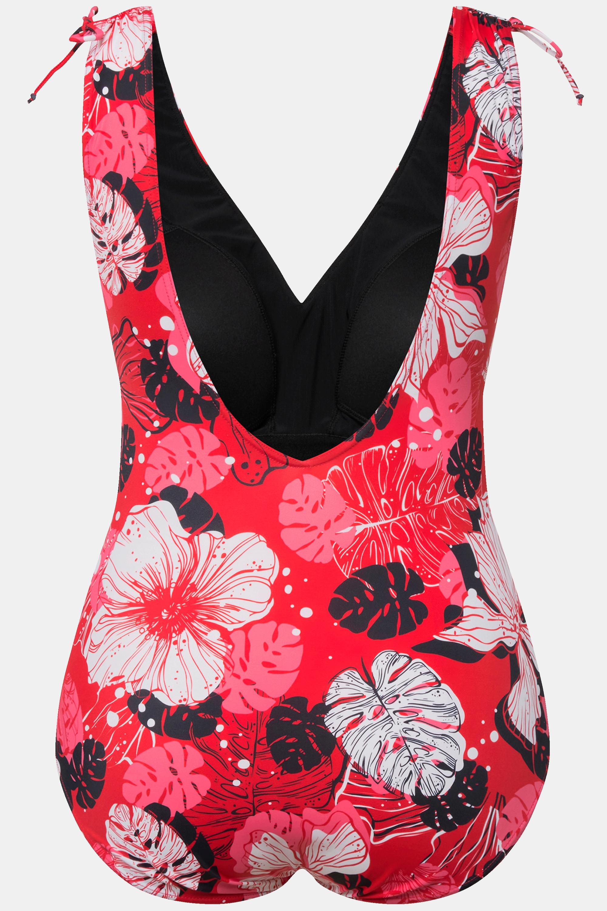 Ulla Popken Maillot de bain fleurs hawaïennes bonnets souples décolleté en V  