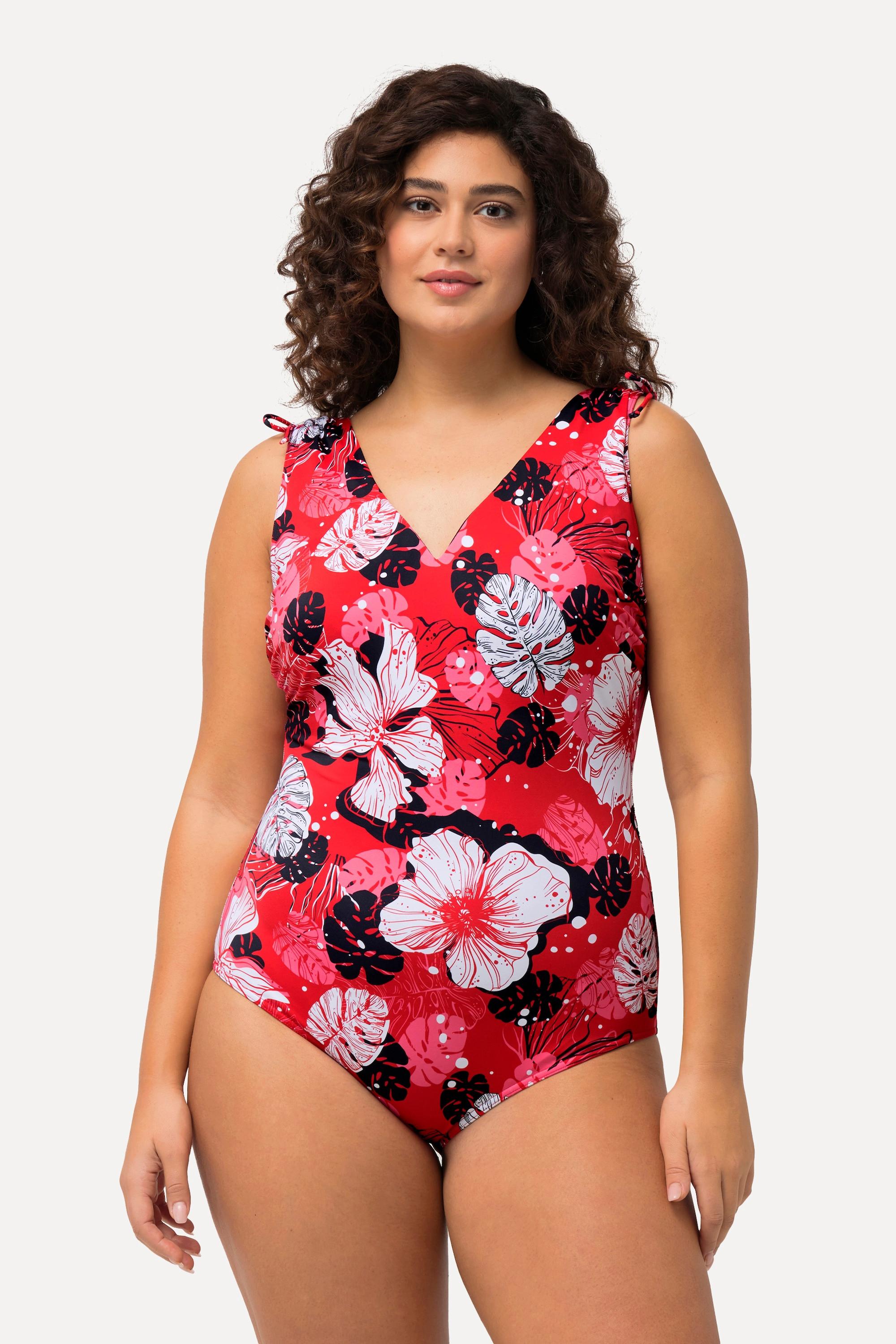 Ulla Popken Maillot de bain fleurs hawaïennes bonnets souples décolleté en V  