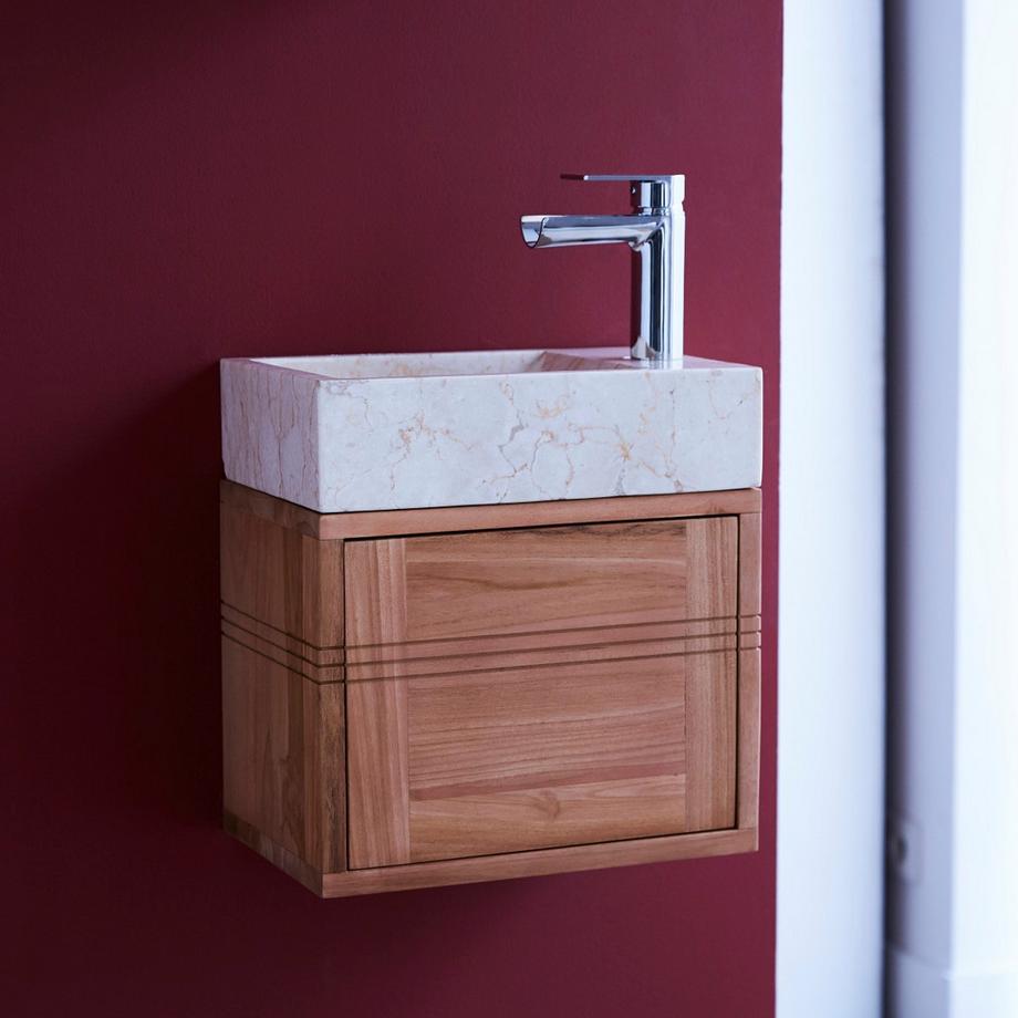 Tikamoon Mobile sottolavabo in teak massello con lavabo in marmo cream Basic  