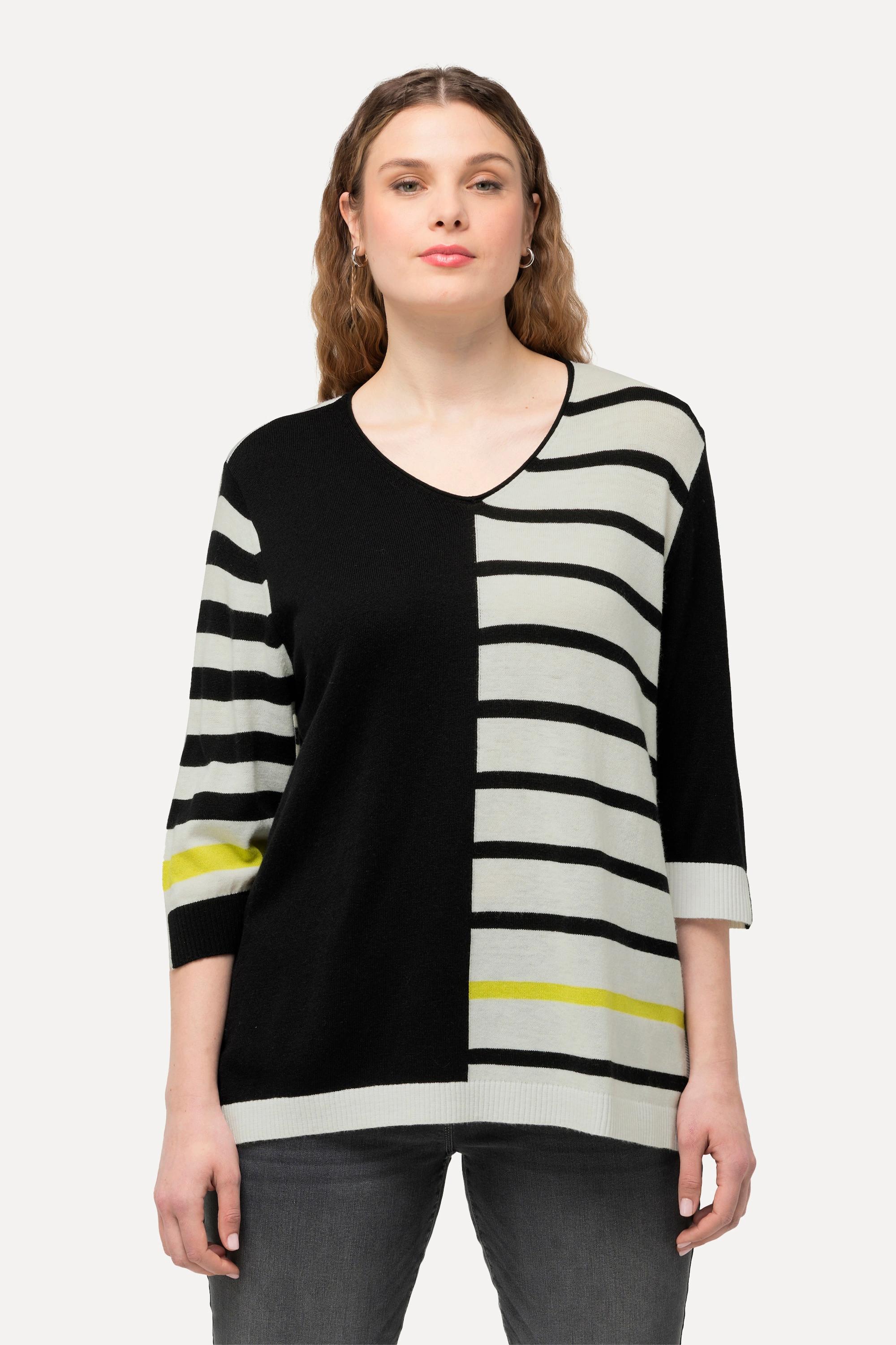 Ulla Popken  Pull col en V et manches 3/4, esprit colour block 