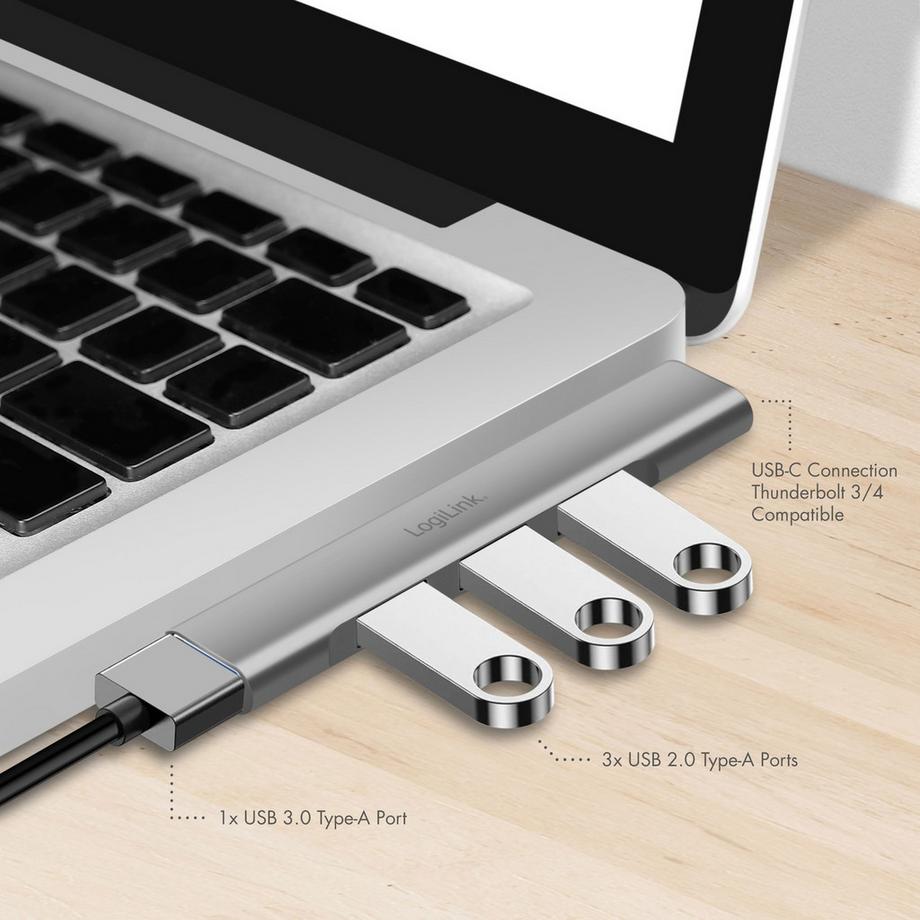 LogiLink  Hub USB-C ultra-fin à 4 ports : 1 USB-A3.0, 3 USB-A2.0 