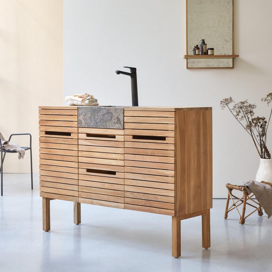 Tikamoon Meuble salle de bain en teck massif et marbre 125 cm Slats  