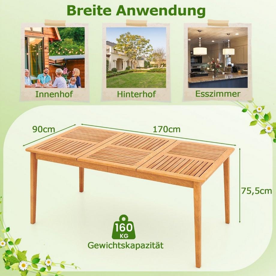 Northix Gartentisch Akazienholz 170 x 90 cm großer Terrassentisch für 6 Personen Natur  