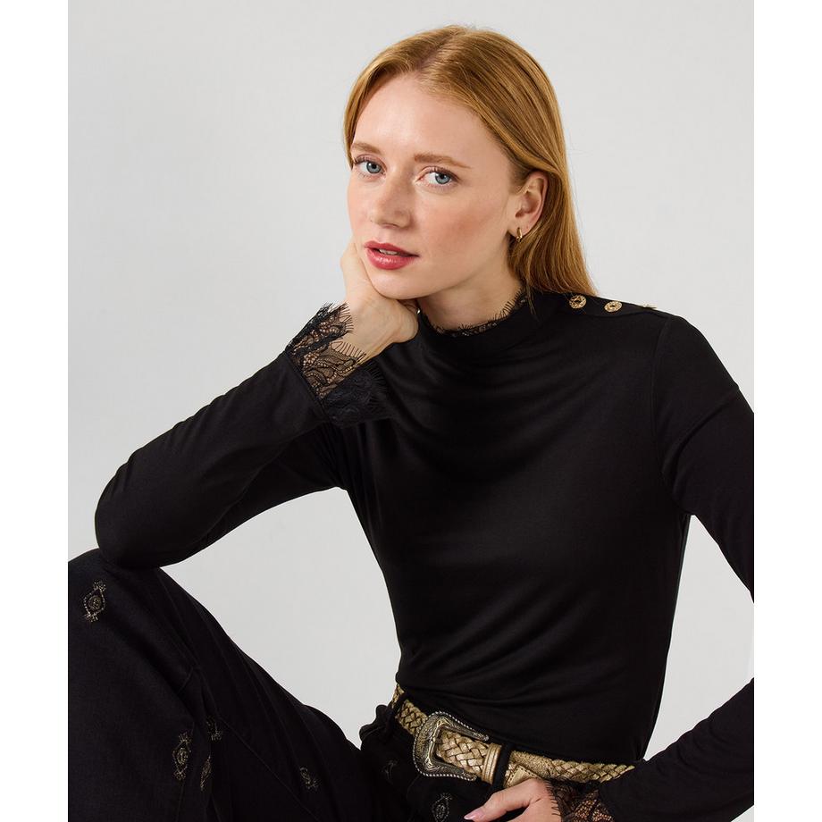 Joe Browns Jersey Top Hoher Kragen Spitzenbesatz  