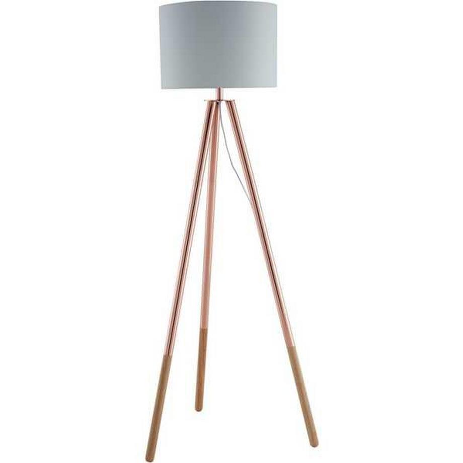 Lampadaire, structure en bois, cuivre, abat-jour en textile, blanc
